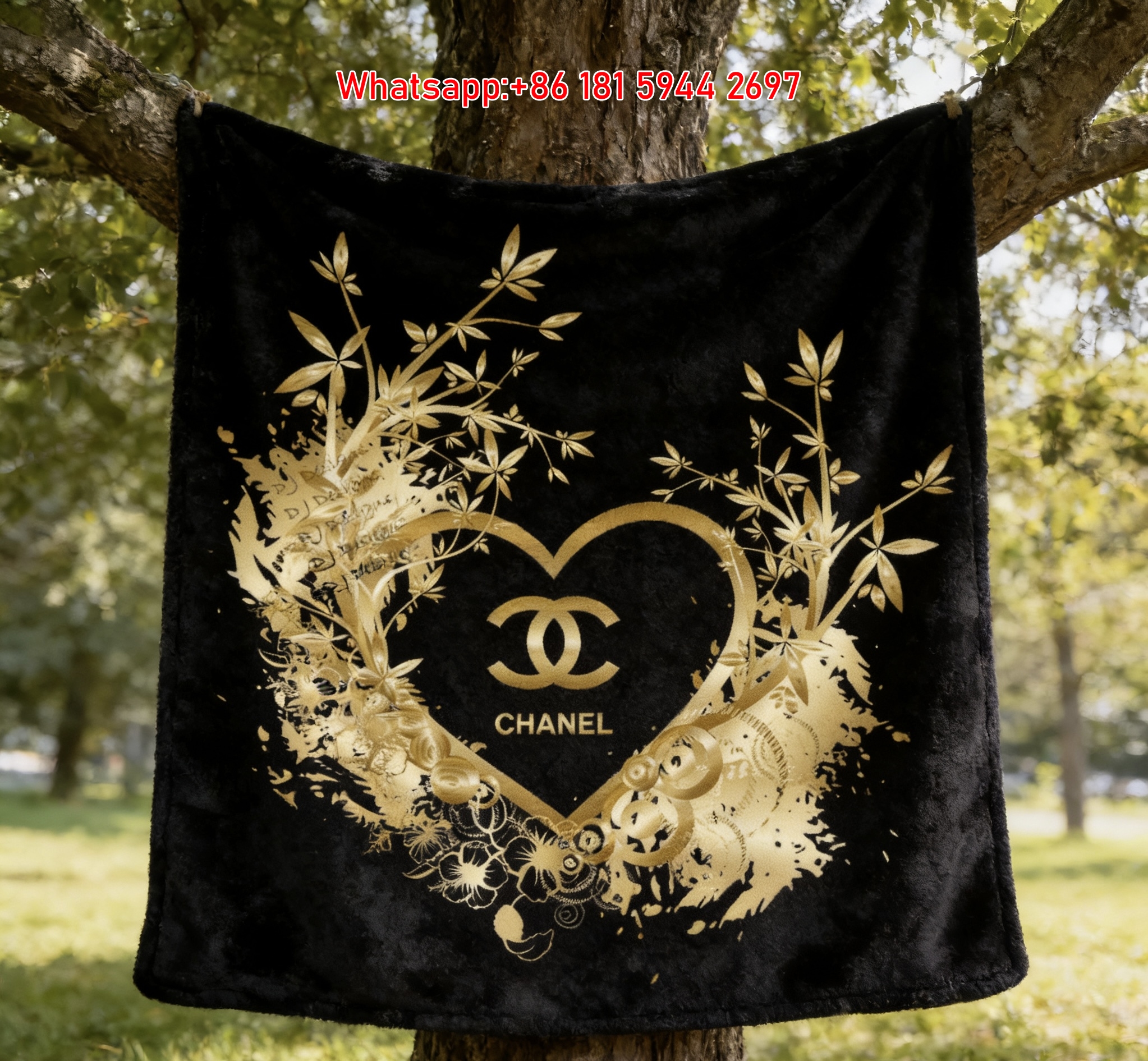 Chanel Gold Heart CC Logo Flannel Sofa Throw Blanket Luxury Floral Home Decor IMG_7011